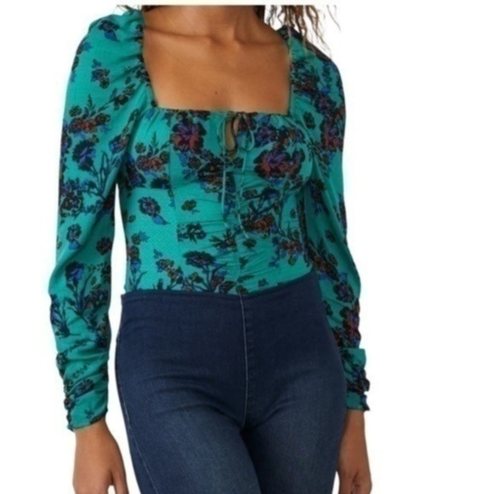 Free People Hilary Print Keyhole Neck Top Green Floral Combo Medium